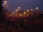 Train yard at dawn